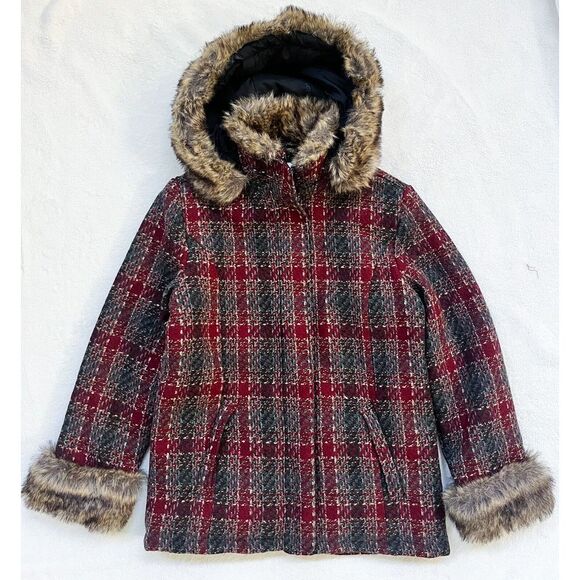 VTG‎ WOMENS WOOLRICH WOOL BLEND COAT JACKET FAUX FUR RUBY PLAID ZIP MEDIUM M - Picture 1 of 12